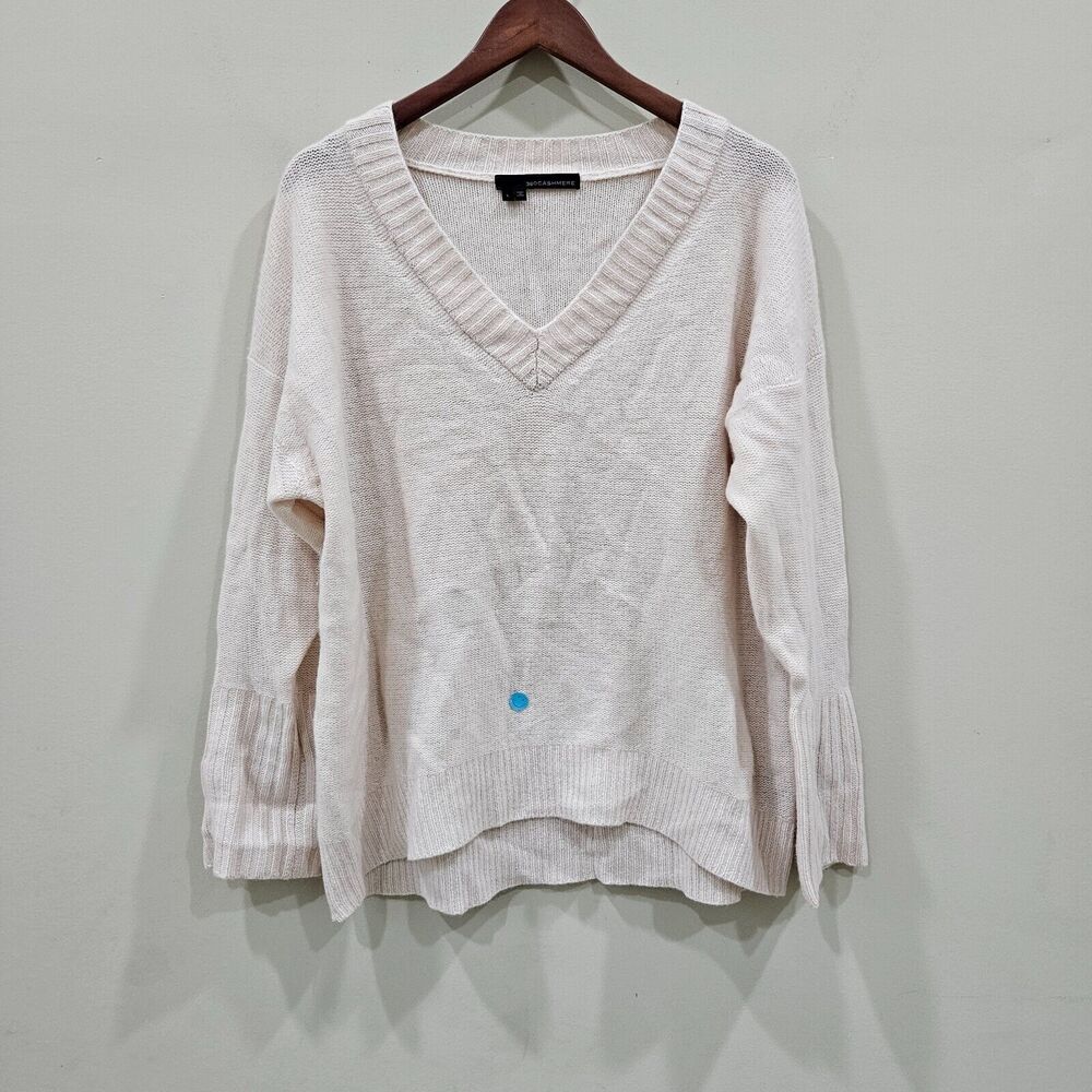 360 Cashmere Womens Knit Sweater Large Cream V-Neck Oversized Boxy Ribbed Career